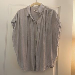 Grey and White Vertical Striped Madewell Button Down Short Sleeved Blouse